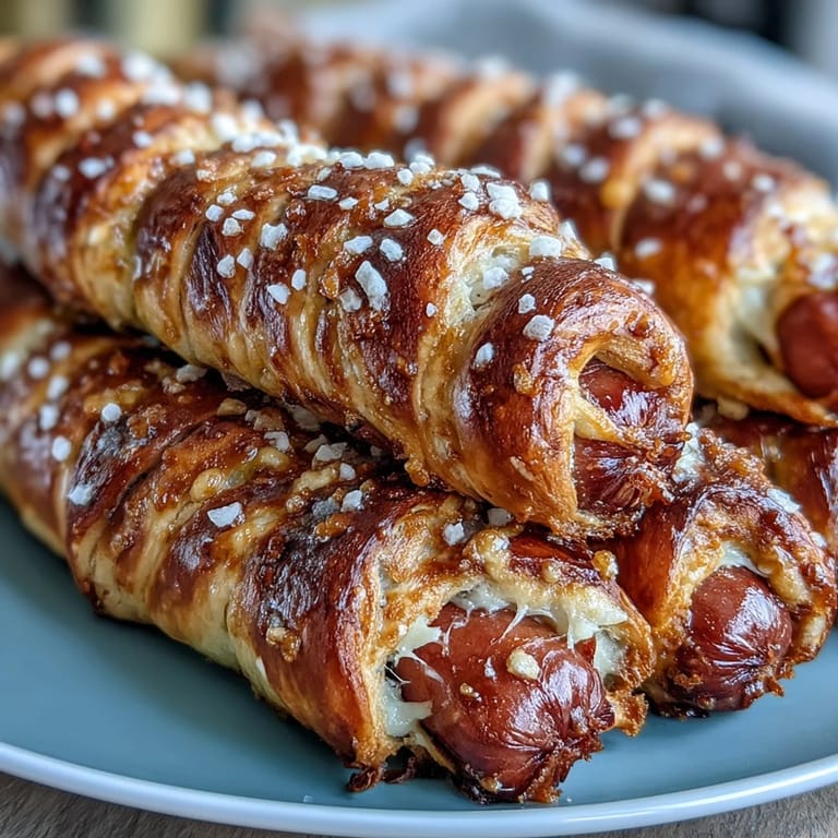 Homemade Soft Baked Cheesy Pretzel Dogs featuring golden pretzel crust and melted cheese.