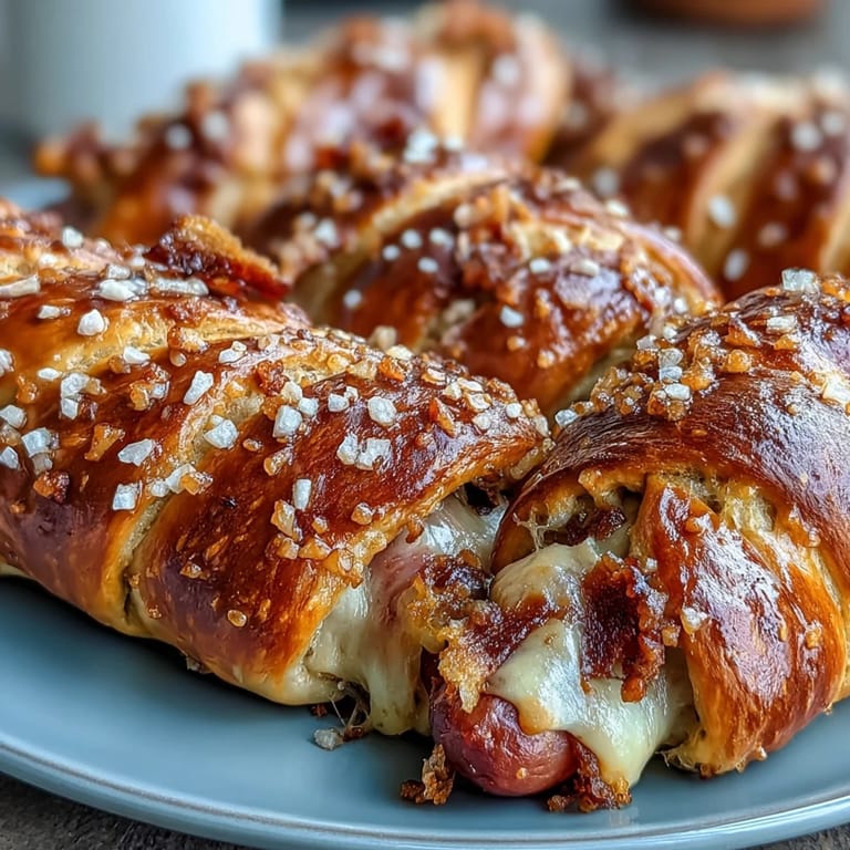 Freshly baked Soft Baked Cheesy Pretzel Dogs served warm with mustard.
