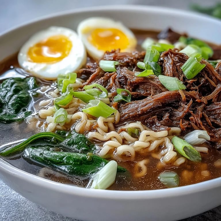 A steaming bowl of homemade Slow Cooker Beef Ramen Noodles with chunks of beef and fresh ginger, showcasing the aromatic broth and savory garnishes on a wooden table.
