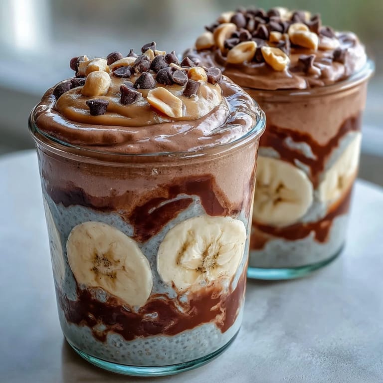 Two jars of Chunky Monkey overnight chia pudding topped with chopped roasted peanuts and dark chocolate chips for a wholesome breakfast.  