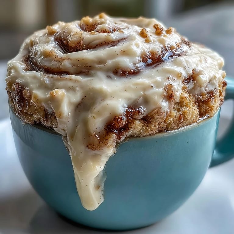 High-Protein Cinnamon Roll Mug Cake served warm with a sweet cinnamon swirl and rich, creamy topping.