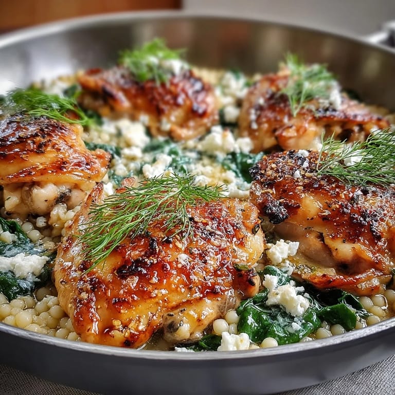 Fresh herbs and lemon wedges accompany this Creamy Greek Chicken & Pearl Couscous Bake, highlighting a rich, tangy Mediterranean flavor profile.