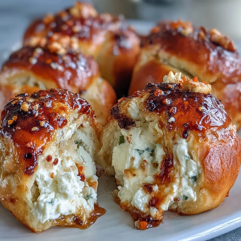 Hot Honey Ricotta Stuffed Garlic Knots drizzled with spicy honey and fresh parsley garnish.
