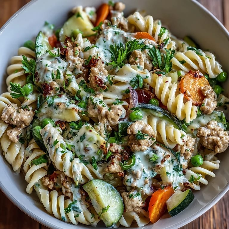 Family-style skillet of Creamy Ranch Turkey & Veggie Skillet ready to eat, garnished with fresh parsley and served alongside pasta.