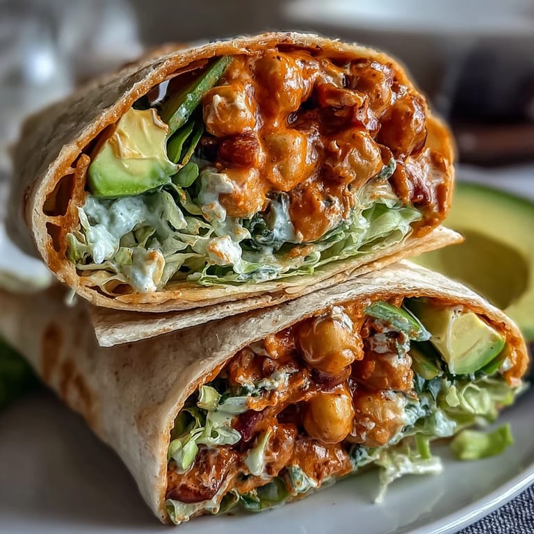 Spicy buffalo chickpea salad stuffed in a tortilla with crunchy cucumber, lettuce, and creamy avocado slices.
