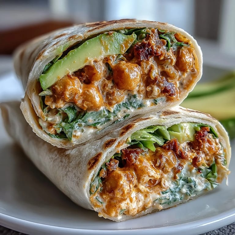 Tangy buffalo chickpea salad with fresh vegetables and avocado, rolled up in a soft tortilla wrap.