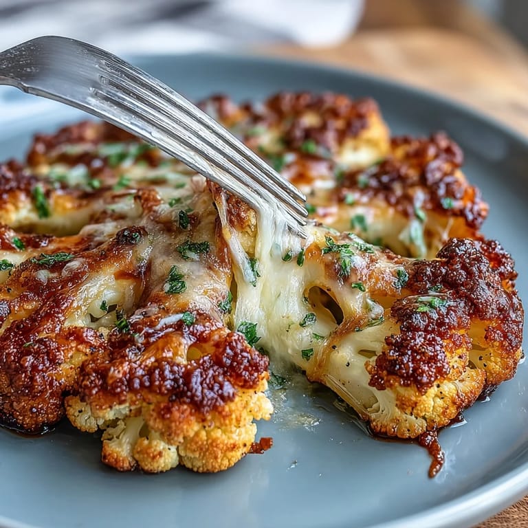 Crispy cauliflower steaks drizzled with olive oil and garlic, finished with a golden Parmesan topping for a healthy dinner option.