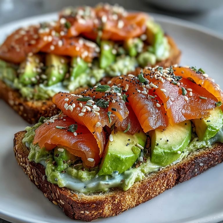 Fluffy low-carb almond flour bread slices with creamy avocado, silky smoked salmon, and everything seasoning.  