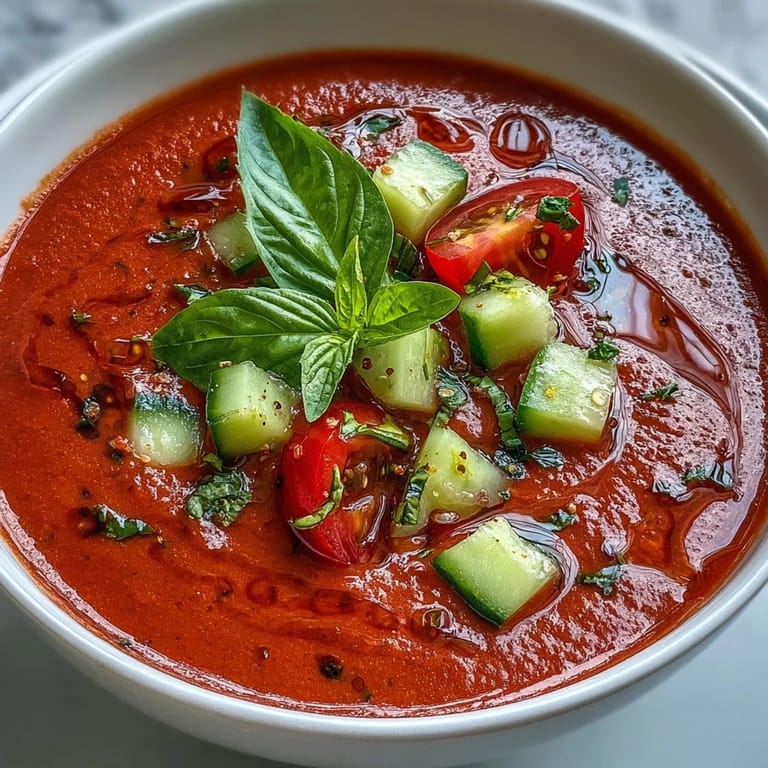 Cool and refreshing Slim Summer Gazpacho with ripe tomatoes, crunchy cucumber, and sweet bell pepper, perfect for a light summer meal.