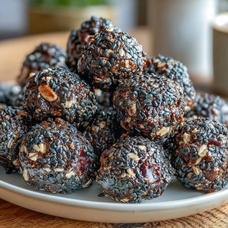 Easy black sesame energy balls featuring chewy oats, crunchy seeds, and a hint of natural sweetness.