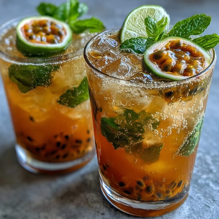 Two tropical passionfruit cocktails garnished with fresh mint and lime wedges, perfect for summer celebrations.