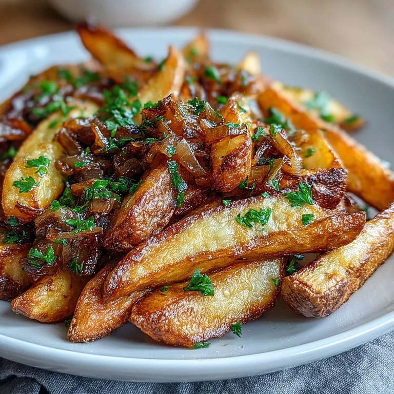 Golden-brown steak fries tossed with fragrant garlic and sweet caramelized onions in melted butter.