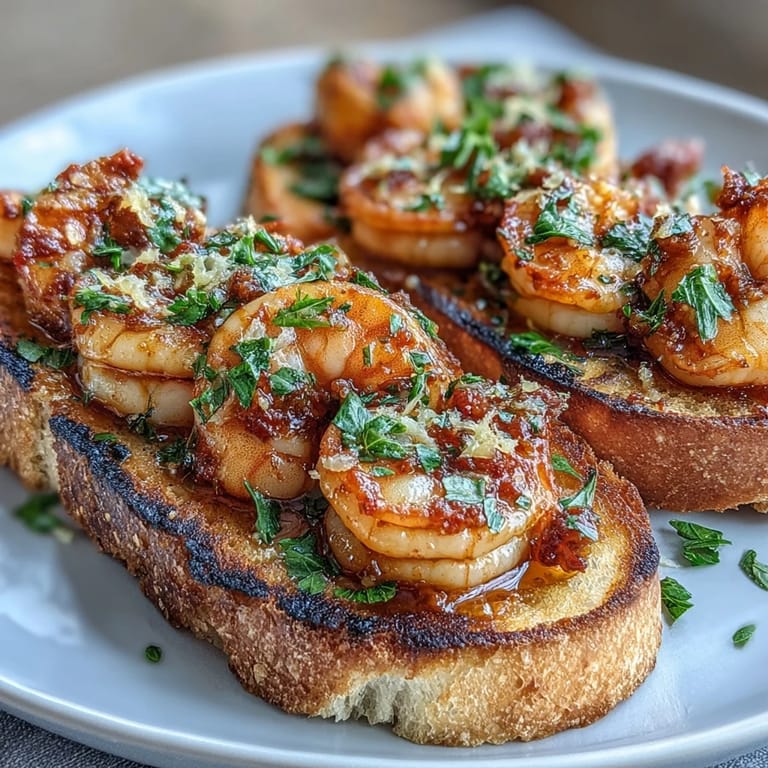Italian-inspired spicy shrimp toast with vibrant chili oil, served on rustic bread with fresh herbs and lemon wedges.