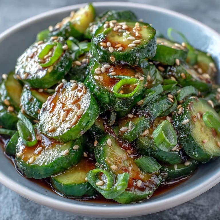 Crunchy cucumber salad in a flavorful soy and sesame dressing, garnished with spring onions and a hint of chili for a zesty kick.