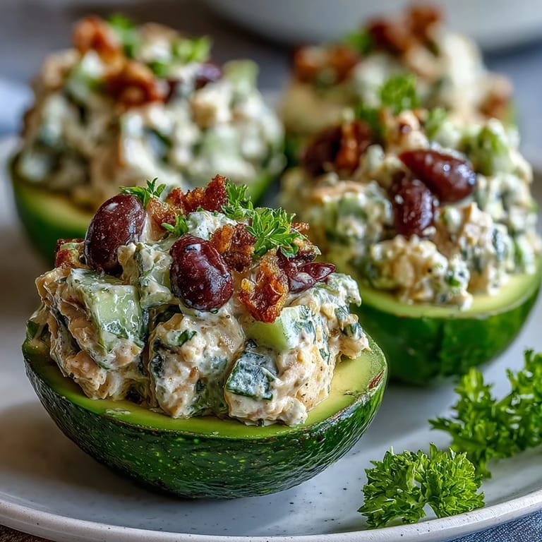 Zesty plant-based chickpea salad with pickles and capers, served in avocado boats for a light, healthy meal.  