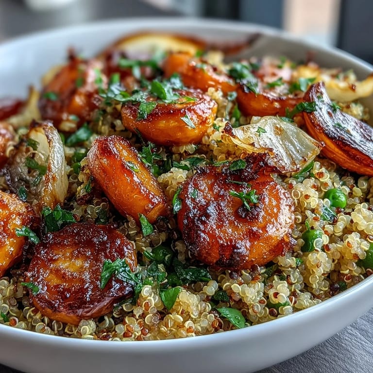 Nutritious quinoa bowl featuring caramelized roasted carrots, sweet green peas, and a tangy lemon Dijon dressing for a satisfying lunch.