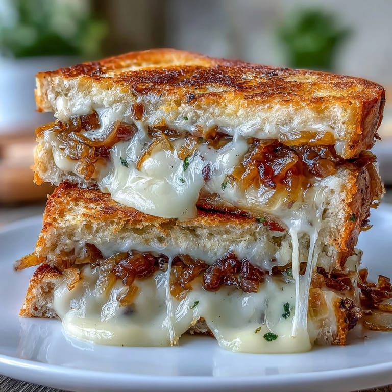 Crispy sourdough bread grilled to perfection, stuffed with melty cheese and savory French onion soup-inspired caramelized onions.