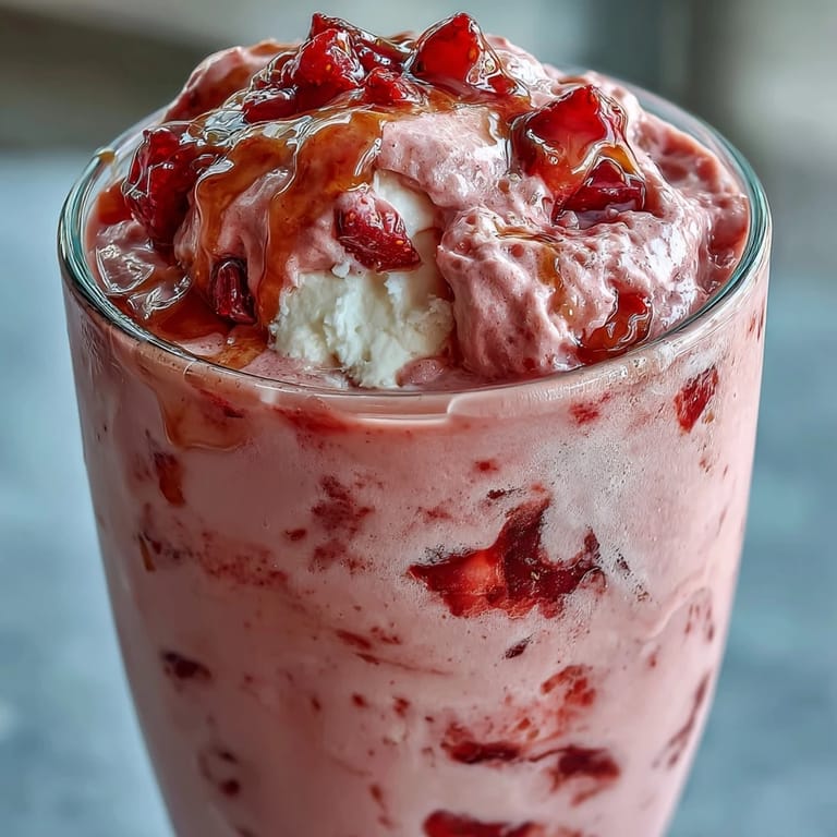 A high-protein cottage cheese strawberry smoothie blended until velvety smooth, garnished with chia seeds and a mint leaf.