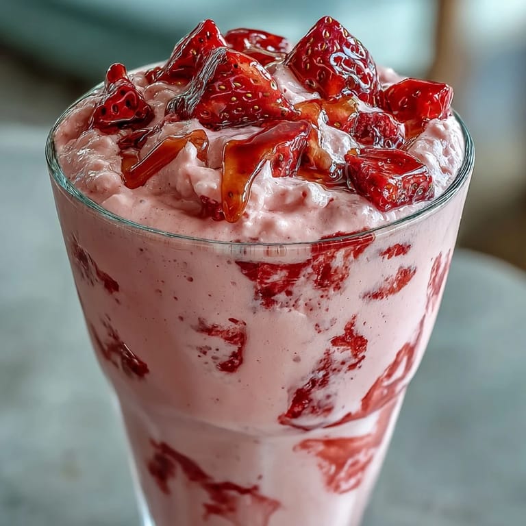 A refreshing cottage cheese strawberry smoothie served in a tall glass with a straw, perfect for breakfast or post-workout.