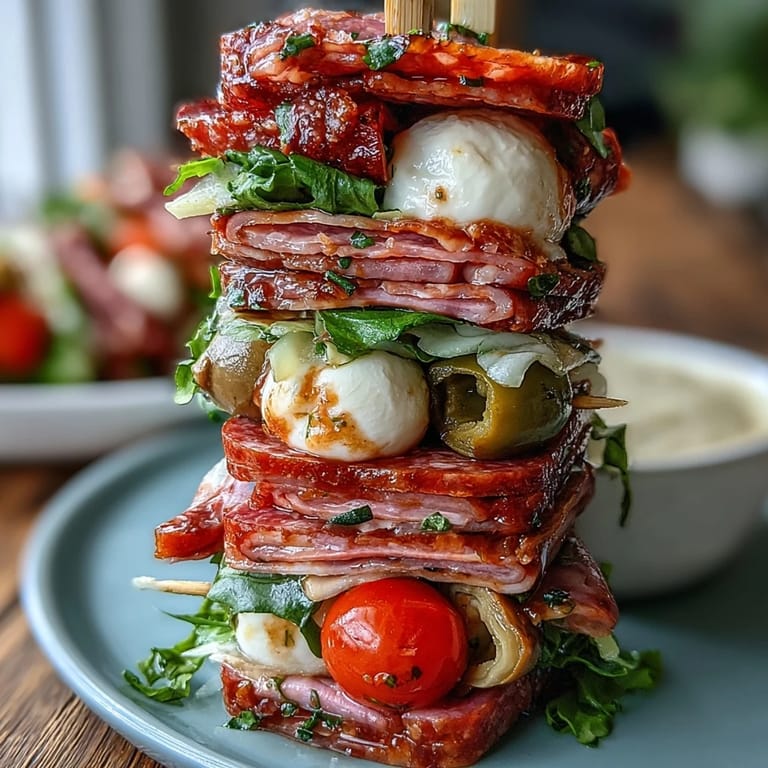 Colorful Italian Sub Skewers with Homemade Aioli, showcasing alternating slices of cured meats, cheese, and vegetables on skewers, served alongside a rich garlic aioli for a flavorful appetizer or picnic snack.