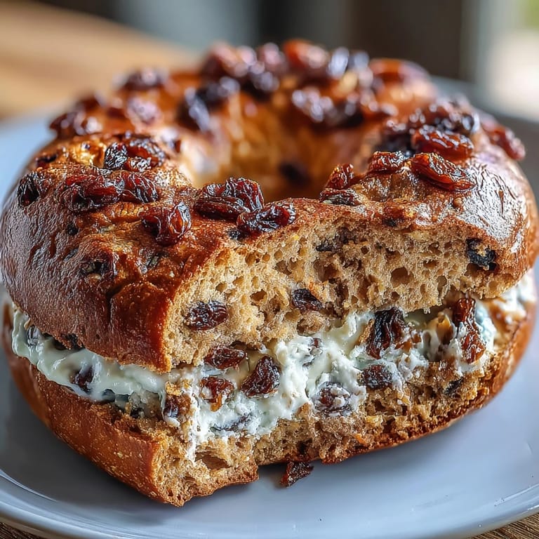 Homemade bagels made with vanilla whey protein and Greek yogurt, featuring plump raisins and a golden crust, perfect for a protein-packed breakfast.