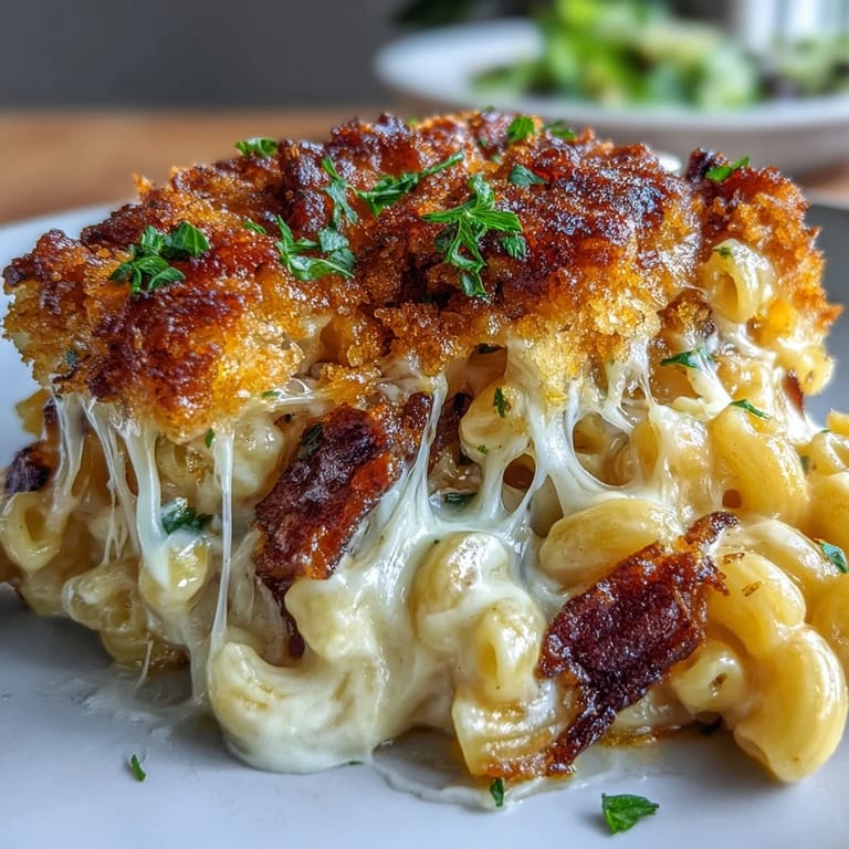 Baked comfort food mac and cheese with crunchy bacon panko topping, perfect for family dinners and gatherings.