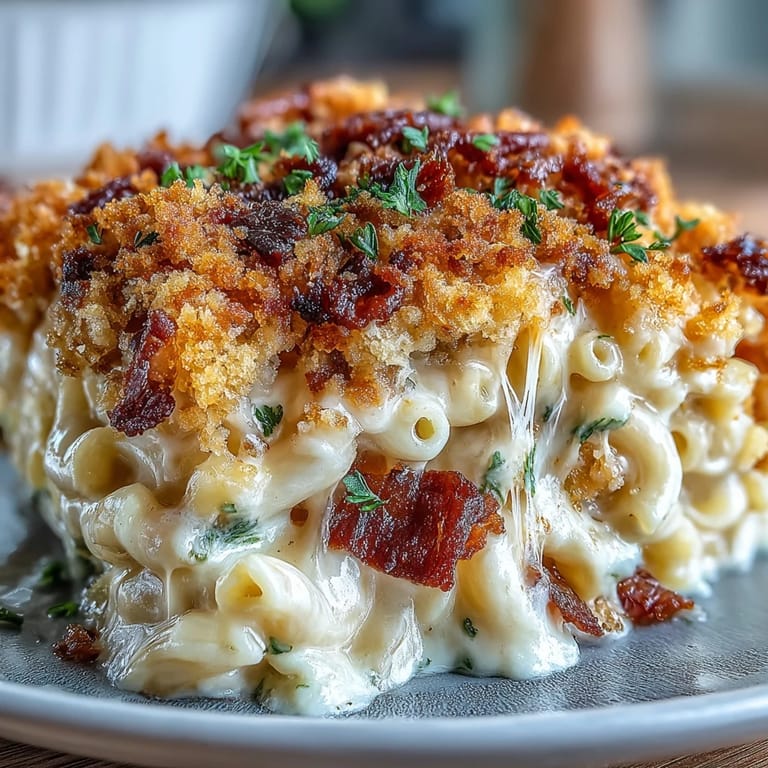 Classic macaroni and cheese casserole with smoky bacon breadcrumbs, bubbling cheese sauce and tender pasta.  