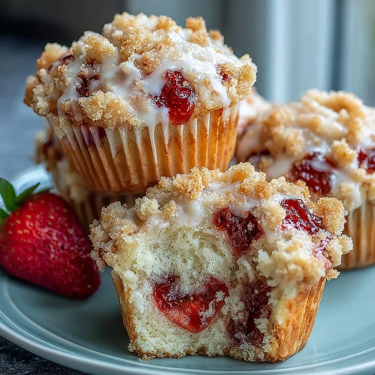 Golden crumble-topped strawberry muffins, moist and tender inside, filled with fresh diced strawberries for a delightful fruity bite.