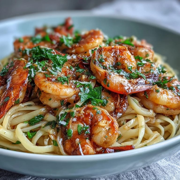 Succulent shrimp and al dente pasta tossed in a fragrant lemon garlic sauce, garnished with fresh parsley for a bright, elegant meal.