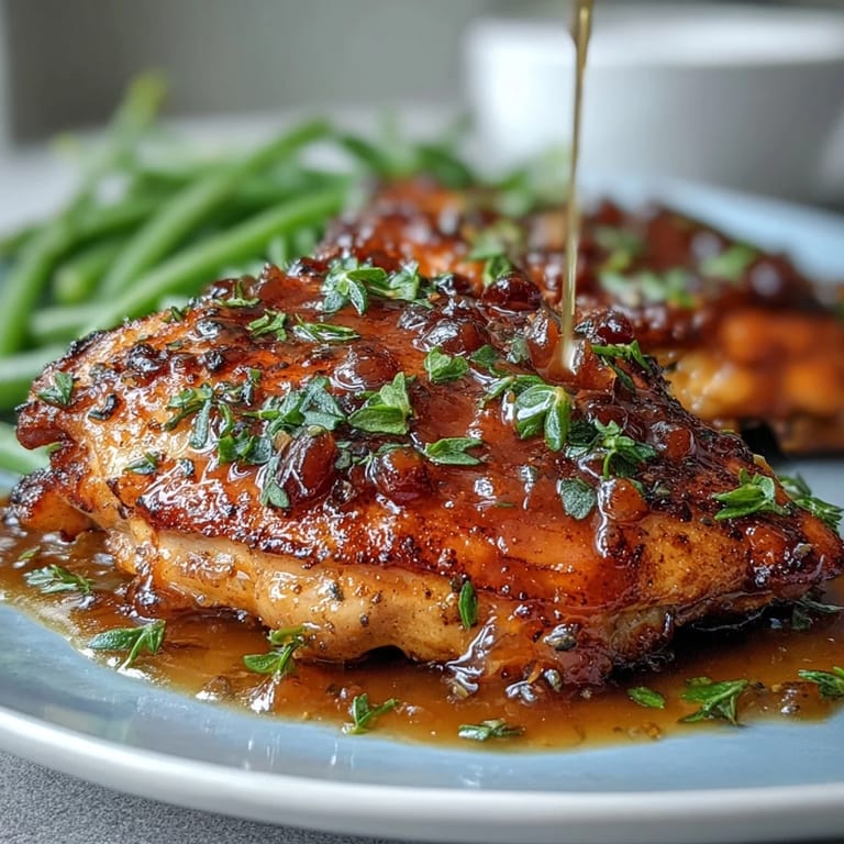 Juicy chicken breasts coated in tangy honey mustard sauce, paired with crisp-tender green beans for a bright, wholesome dinner.