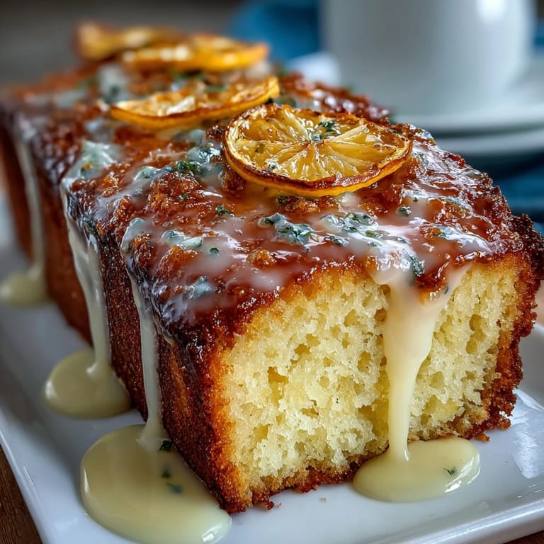 Zesty Limoncello pound cake with lemon glaze, perfectly moist and buttery, served on a white cake stand with fresh lemon slices.