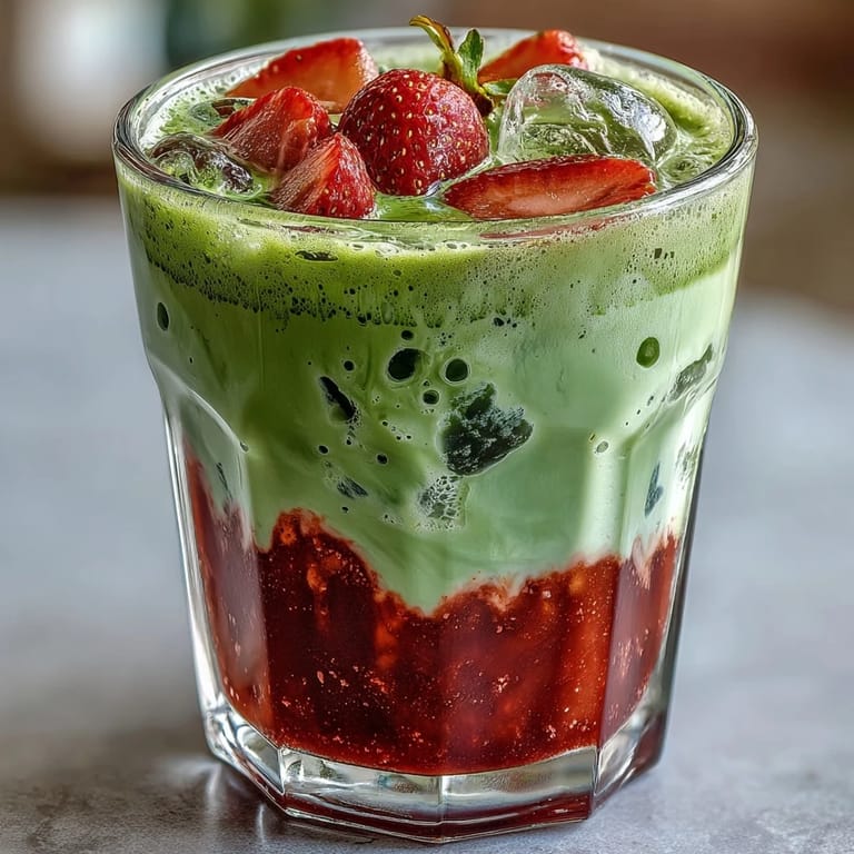 Refreshing strawberry matcha latte made with oat milk, featuring a beautiful gradient of red, green, and white layers.
