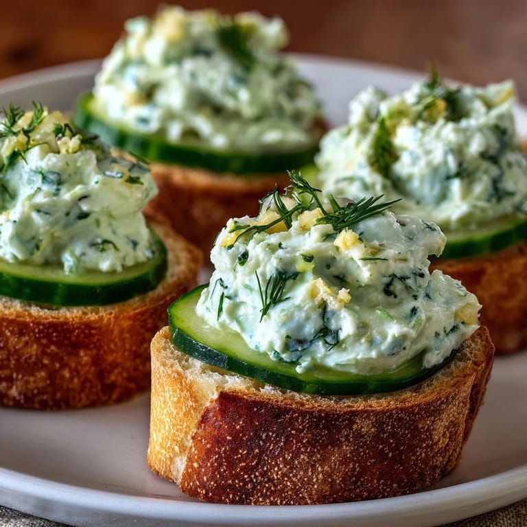Creamy Derby Day Benedictine Cucumber Canapés topped with crisp cucumber slices.
