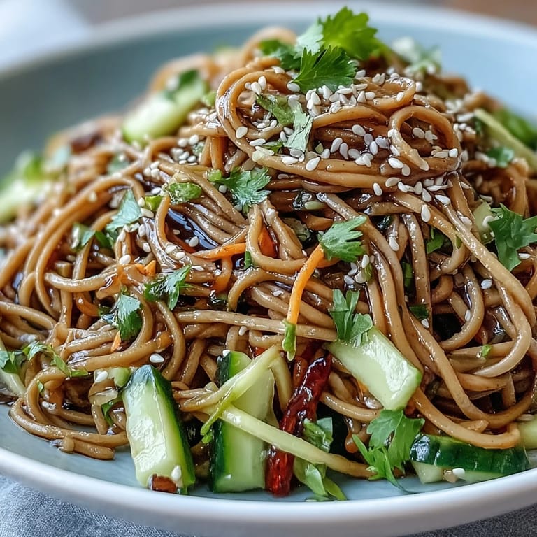 Crisp Cold Soba Noodle Salad piled high, drizzled with savory sesame ginger dressing.