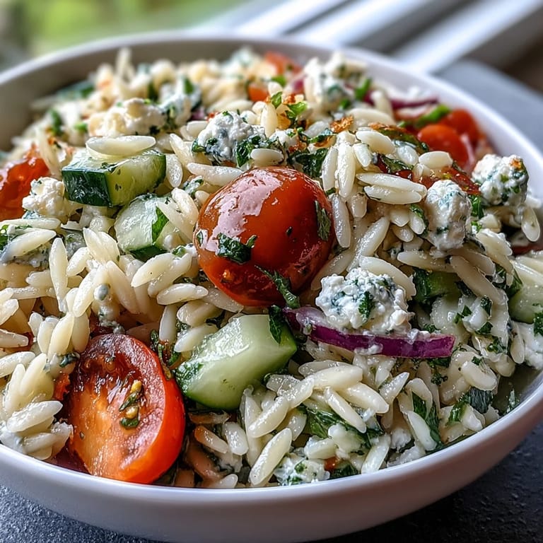 Mediterranean orzo salad with feta cheese and vibrant, refreshing lemon dressing.
