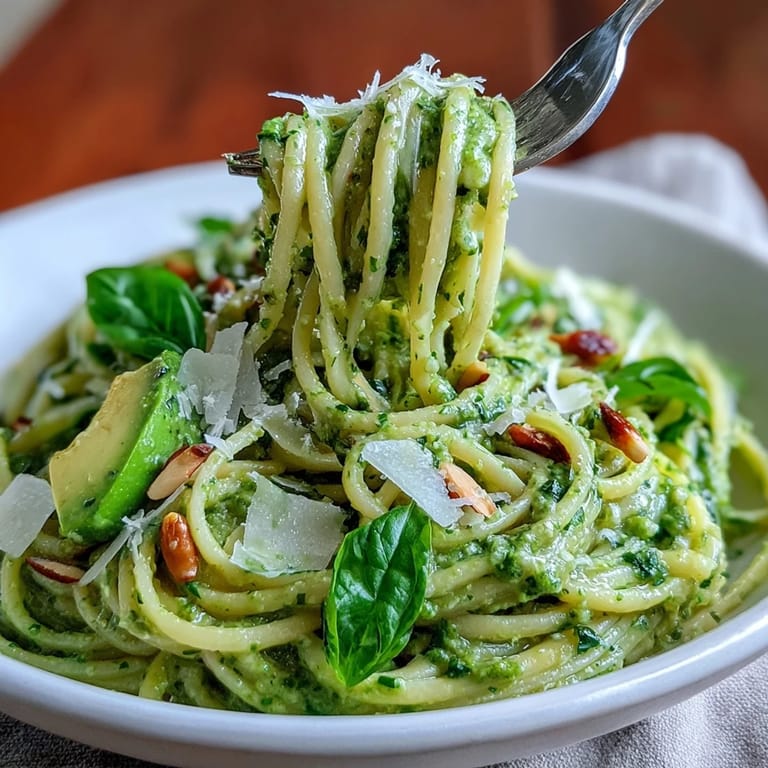No-cook Creamy Avocado Pesto Pasta, a fresh, quick dinner with basil and Parmesan.