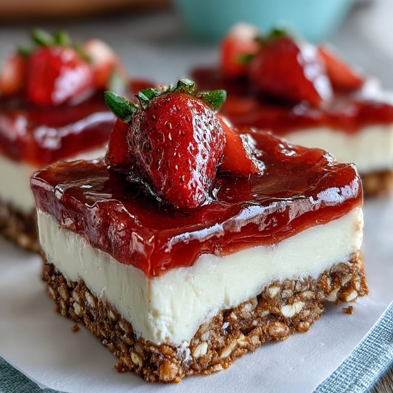 Perfectly chilled Strawberry Pretzel Salad bars, showcasing crunchy crust and fruity topping.