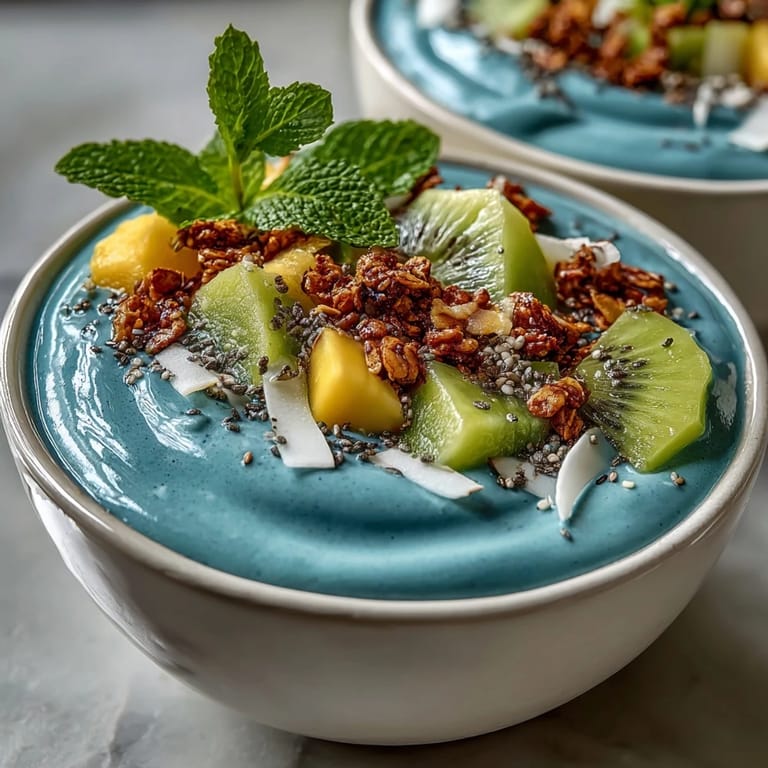 Energizing blue spirulina smoothie bowl, a healthy tropical breakfast visually appealing.