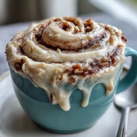 Cinnamon Roll Mug Cake topped with creamy frosting, prepared in a mug and ready in minutes.