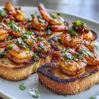 Crispy toasted sourdough topped with garlicky Calabrian chili shrimp, garnished with fresh parsley and lemon zest.  