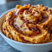 A creamy bowl of candied yams mashed with butter and cinnamon, topped with chopped pecans for added crunch and warmth.  