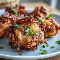 Golden crispy onion fritters seasoned with Indian spices, air-fried for a healthier take on classic street food.