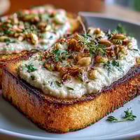 Creamy white bean and roasted garlic spread piled high on golden sourdough toast, garnished with fresh thyme and a drizzle of olive oil. A savory Mediterranean-inspired appetizer perfect for brunch or snacking.