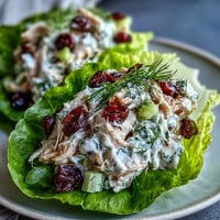 Greek yogurt chicken salad lettuce wraps with fresh herbs and grapes, served in crisp lettuce leaves for a healthy, protein-packed meal.