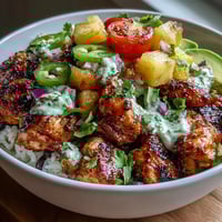 Vibrant Chicken Pineapple Taco Bowls with Coconut Rice topped with fresh pineapple salsa and avocado slices.  