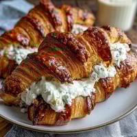 Buttery Croissant French Toast Casserole with Berries, golden and bubbling, topped with juicy fresh berries and a sprinkle of powdered sugar.  