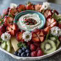 Fresh fruit platter arranged in a blooming floral pattern with strawberries, grapes, and melon balls, served with creamy honey-yogurt dip for a baby shower.