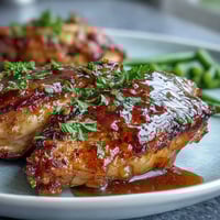 A golden honey mustard glazed chicken with vibrant green beans, served hot from the oven for a quick, satisfying meal.