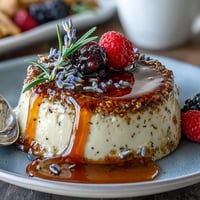 Silky honey lavender panna cotta with a glossy finish, garnished with fresh berries and edible flowers.  