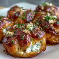 Golden-brown Hot Honey Ricotta Stuffed Garlic Knots drizzled with spicy honey and fresh parsley.